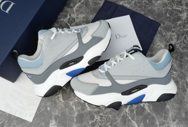 DIOR B22 SNEAKERS WHITE AND BLUE TECHNICAL MESH AND GRAY CALFSKIN – DO001 - Image 7