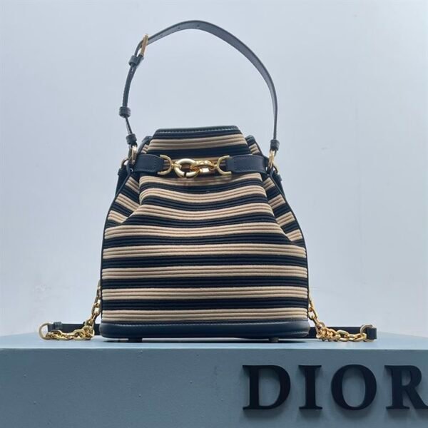 DIOR MEDIUM C EST DIOR BAG NATURAL AND DENIM BLUE MARINIERE RAFFIA - DOB043 - Image 5
