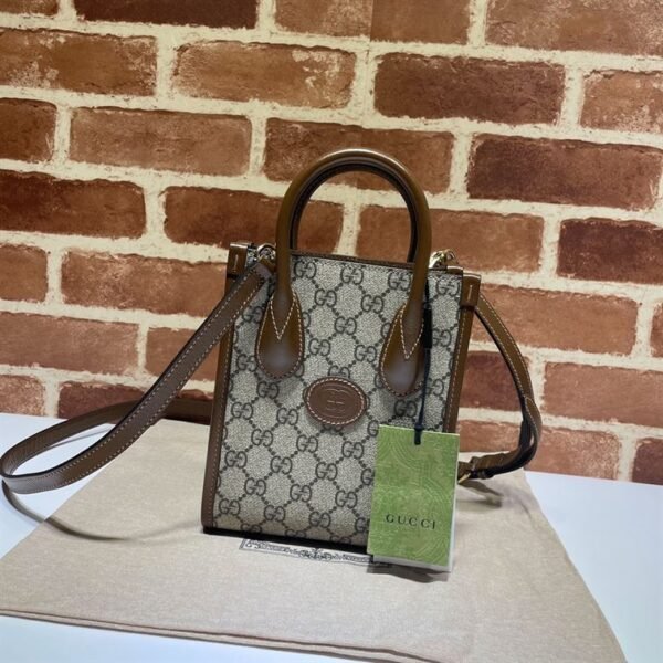 GUCCI MINI NOTE BAG WITH INTERLOCKING G BEIGE AND EBONY GG SUPREME CANVAS - GB37